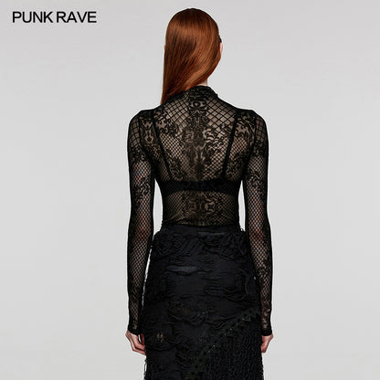 Gothic Flocked Pattern Mesh Top (✦ Punk Rave) WT-832TCF