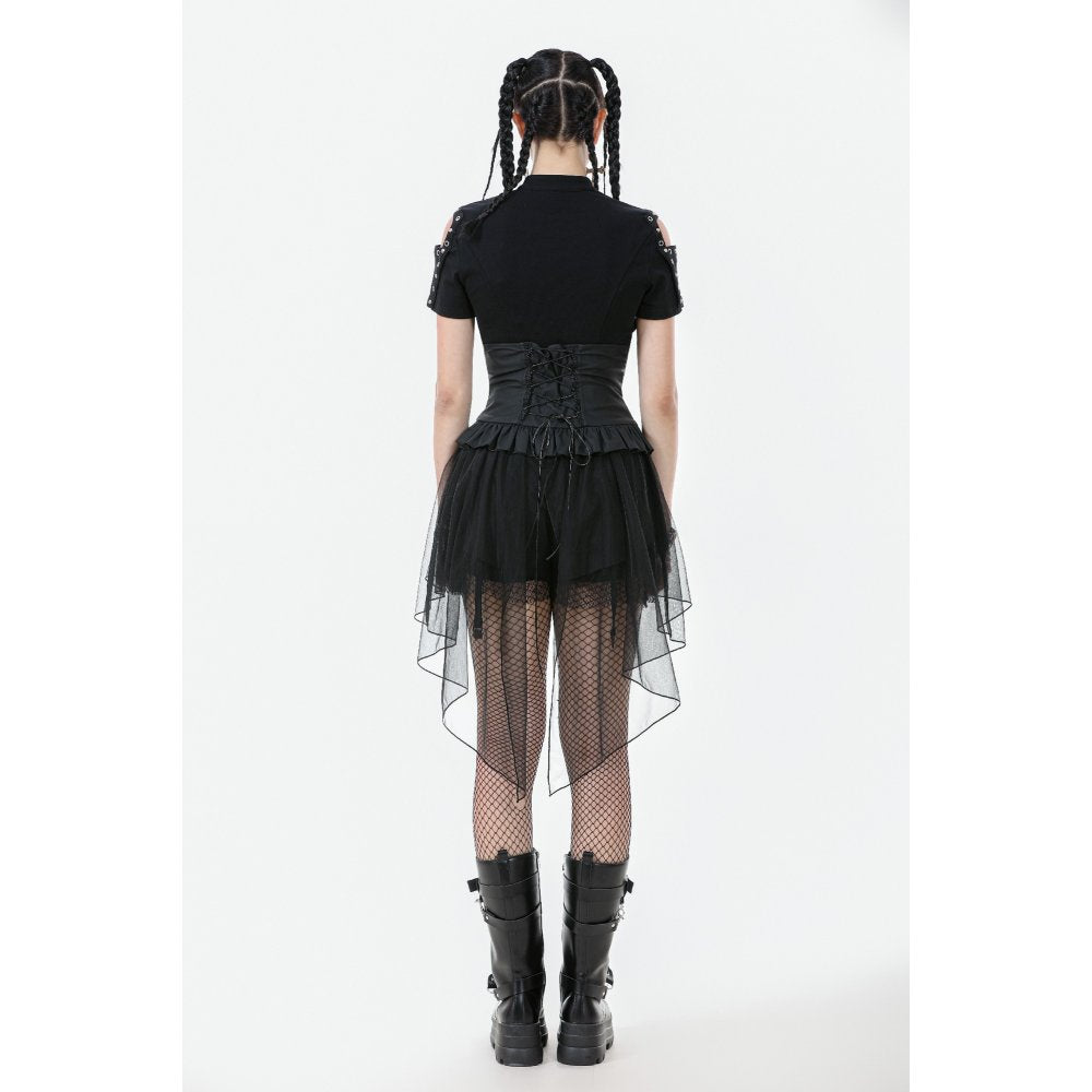 Industrial Grommet Lace-Up High-low Corset with Mesh Hem (✦ Dark In Love) CW098