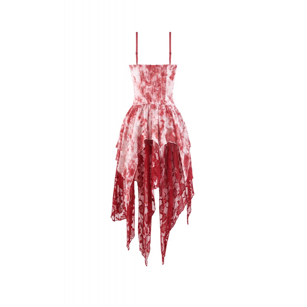 Gothic Asymmetric Dress in Red-White Tie-Dye Chiffon (✦ Dark In Love) DW1182