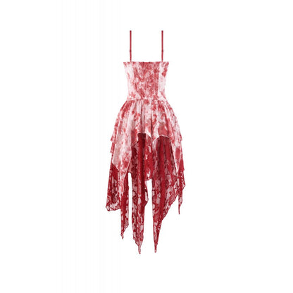 Gothic Asymmetric Dress in Red-White Tie-Dye Chiffon (✦ Dark In Love) DW1182