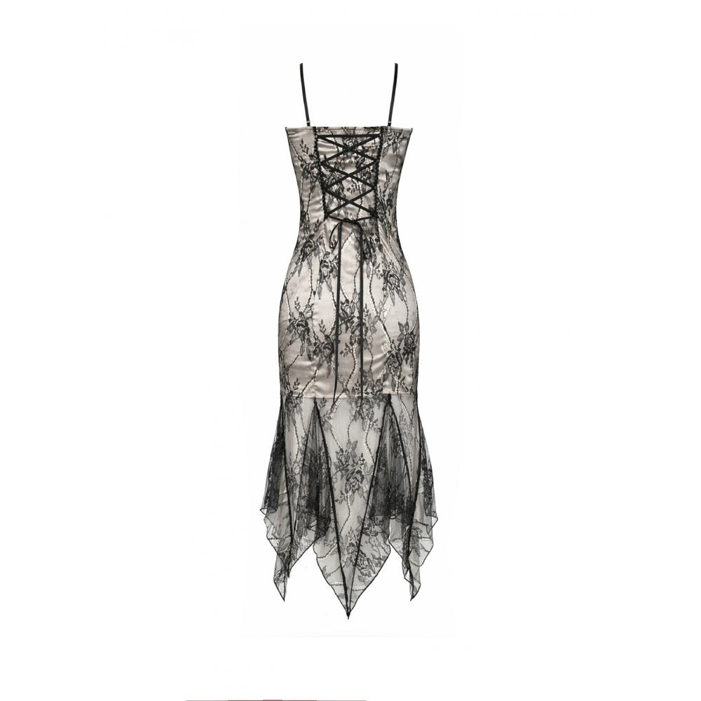 Gothic Two-Tone Lace Patchwork Dress with Floral Embroidery and Asymmetric Hem (✦ Dark In Love) DW1190