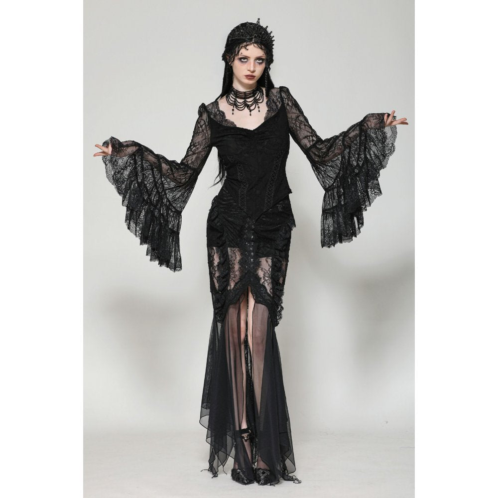 Gothic Romantic Lace Patchwork Bell-Sleeve Layered Cuff Top (✦ Dark In Love) TW607