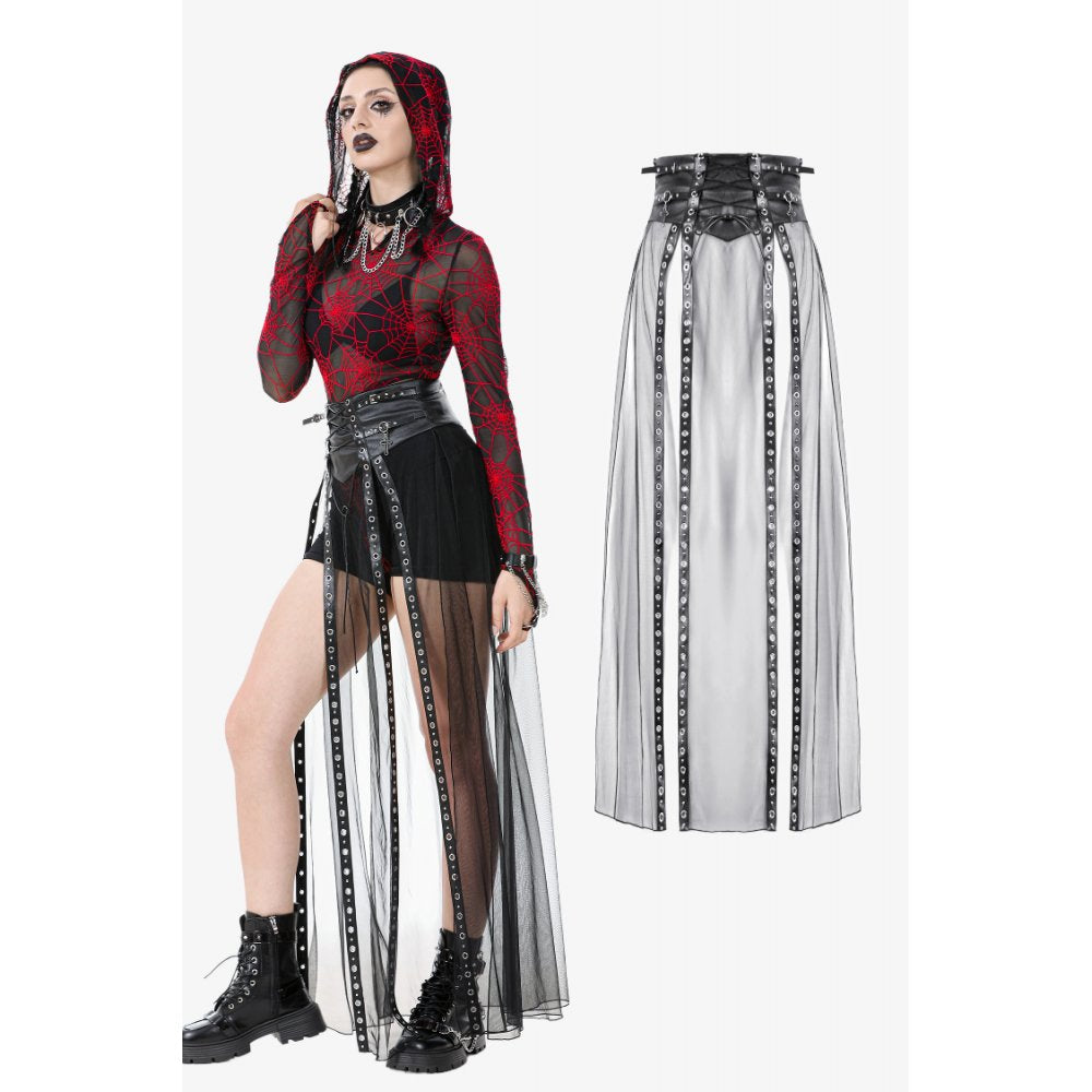 Rebel Leather and Mesh Maxi Skirt with Lace-Up Waist and Eyelet Detail (✦ Dark In Love) KW403