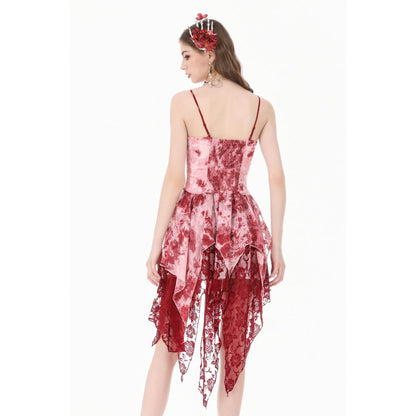 Gothic Asymmetric Dress in Red-White Tie-Dye Chiffon (✦ Dark In Love) DW1182