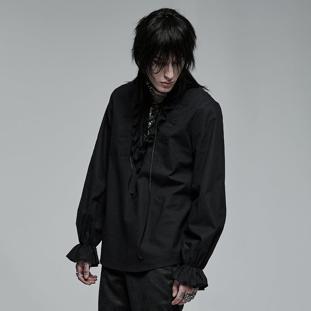 Original Design Goth Skeleton Embroidered Ruffles Shirt (Black) (✦ Punk Rave) WY-1367XCM-BLK
