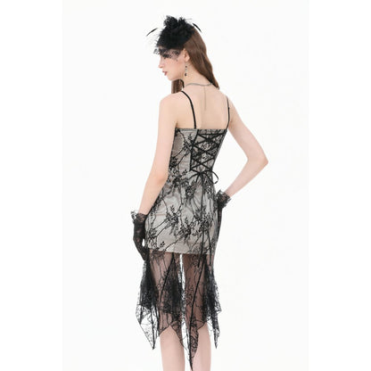 Gothic Two-Tone Lace Patchwork Dress with Floral Embroidery and Asymmetric Hem (✦ Dark In Love) DW1190