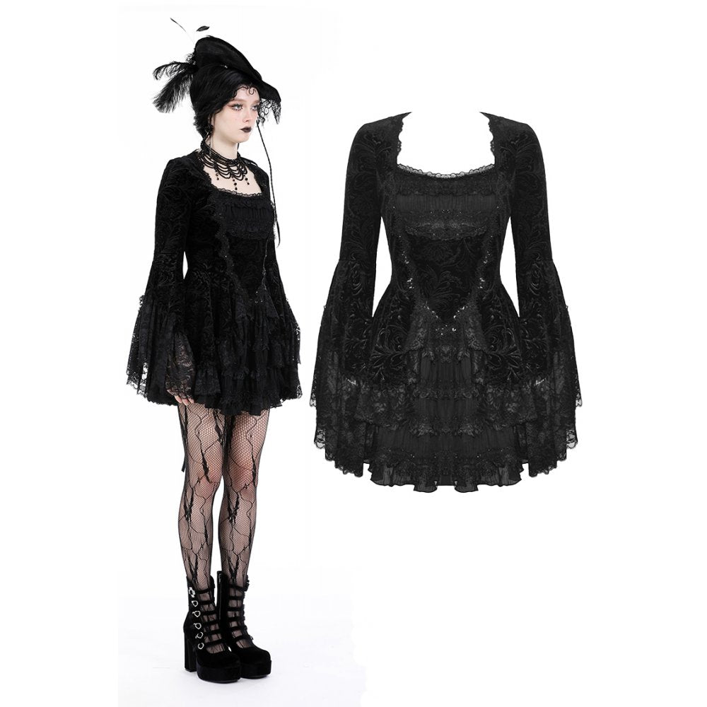 Gothic luxe lace-trim pattern velvet dress (✦ Dark In Love)