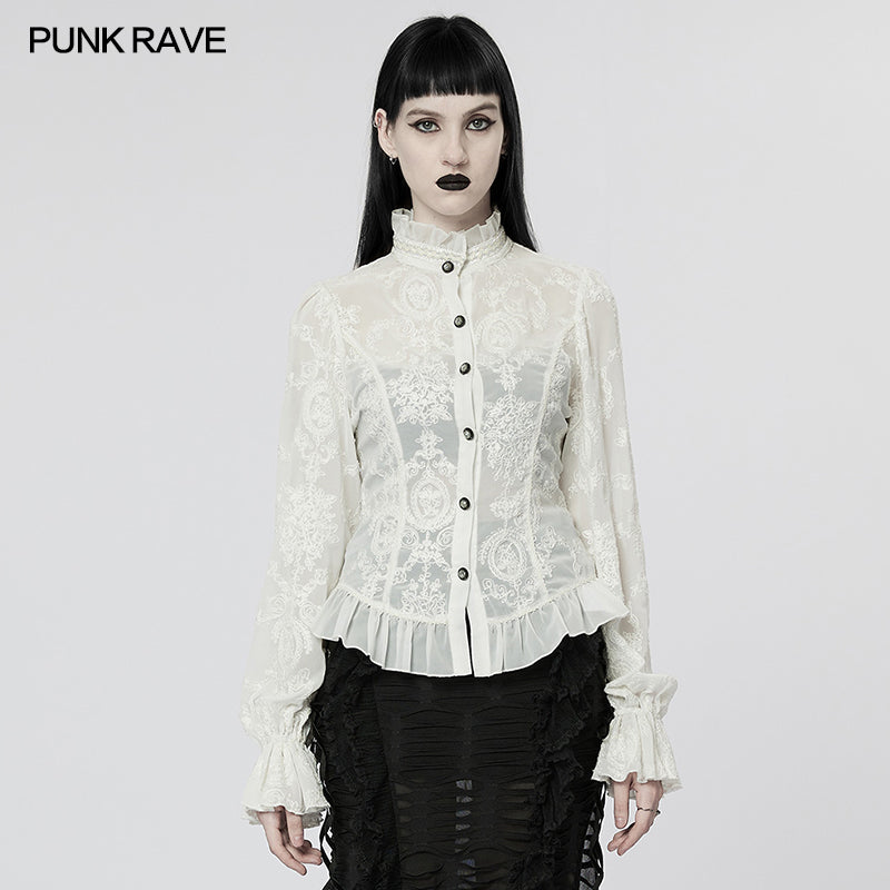 Gothic Chiffon Embroidered Perspective Blouse (✦ Punk Rave) (White) WY-1267CCF