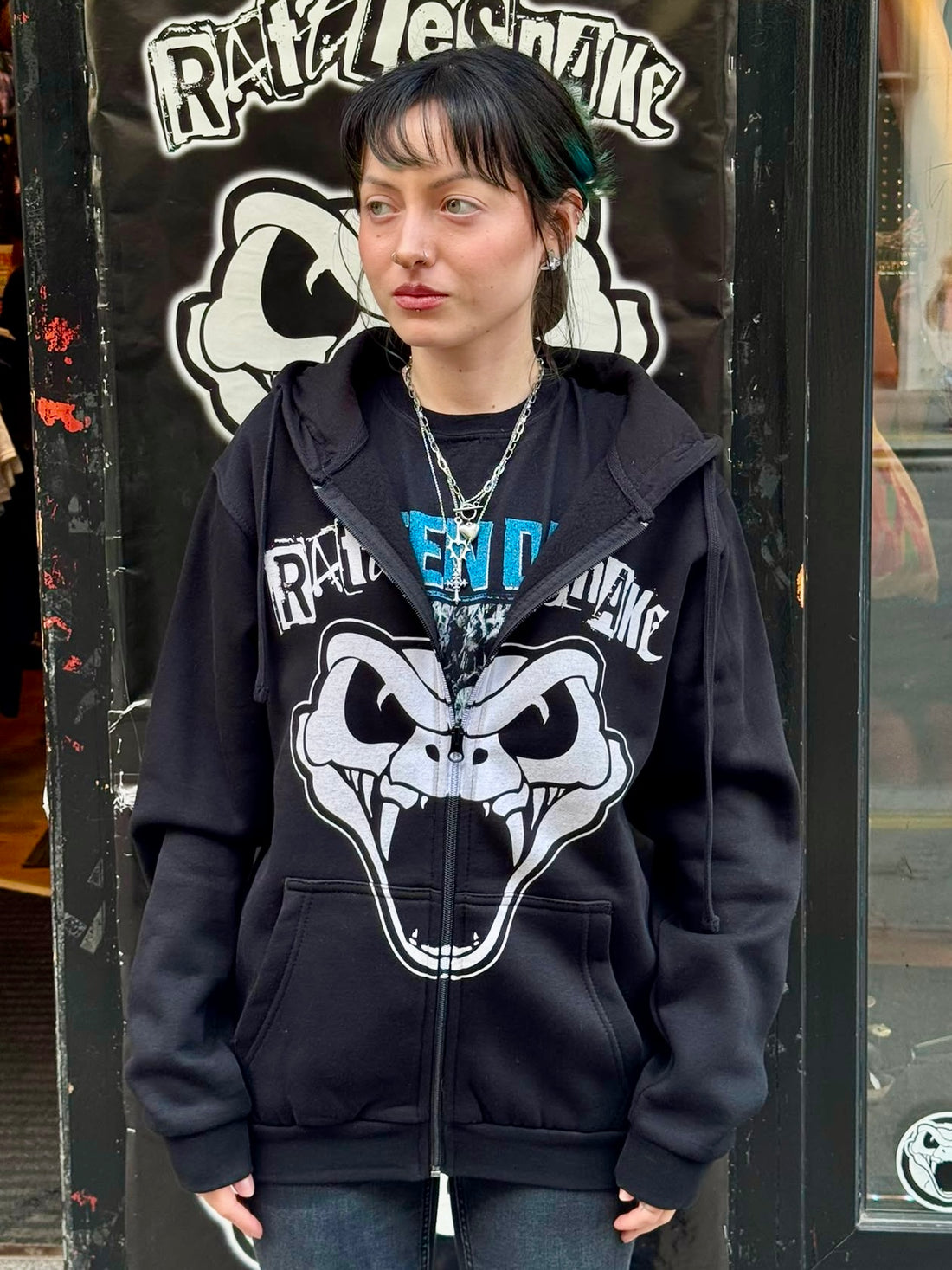 RATTLESNAKE Unisex Zipped Hoodie: Snake On Front Print (Black)