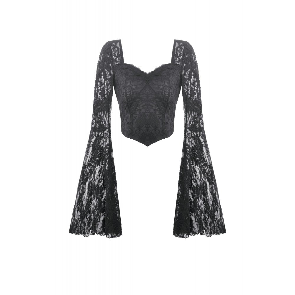 Gothic Dark Heart-Neck All-Over Lace Bell-Sleeve Slim Top (✦ Dark In Love) TW689