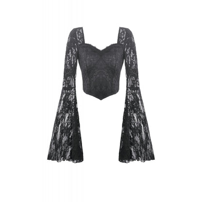Gothic Dark Heart-Neck All-Over Lace Bell-Sleeve Slim Top (✦ Dark In Love) TW689