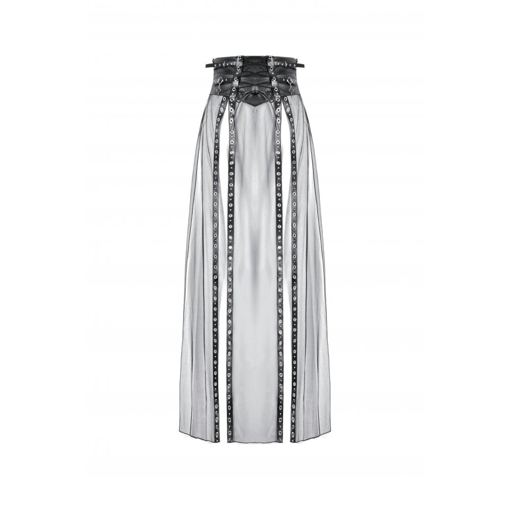 Rebel Leather and Mesh Maxi Skirt with Lace-Up Waist and Eyelet Detail (✦ Dark In Love) KW403