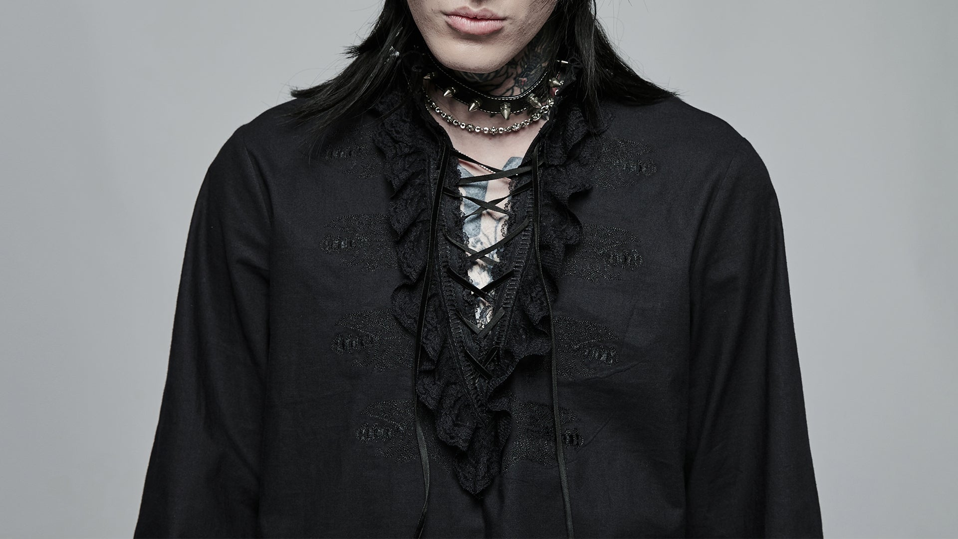 Original Design Goth Skeleton Embroidered Ruffles Shirt (Black) (✦ Punk Rave) WY-1367XCM-BLK