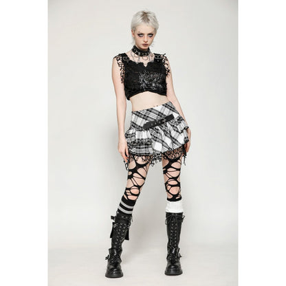 Punk Black and White Checkered Asymmetrical Messy Net Skirt (✦ Dark In Love)
