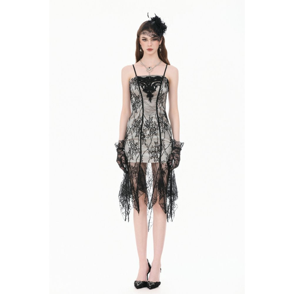 Gothic Two-Tone Lace Patchwork Dress with Floral Embroidery and Asymmetric Hem (✦ Dark In Love) DW1190