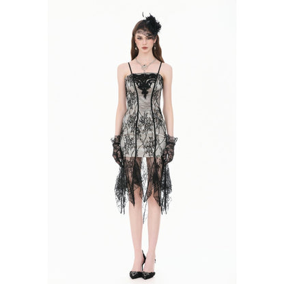 Gothic Two-Tone Lace Patchwork Dress with Floral Embroidery and Asymmetric Hem (✦ Dark In Love) DW1190