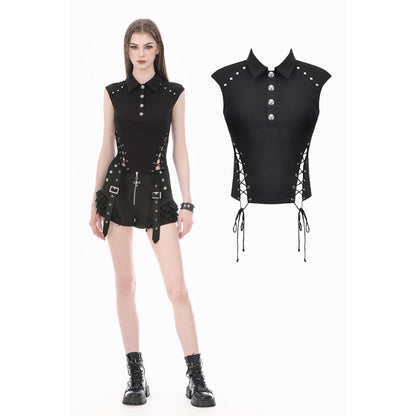 Tech-Punk Sleeveless Polo Top with Metallic Studs (✦ Dark In Love) TW695