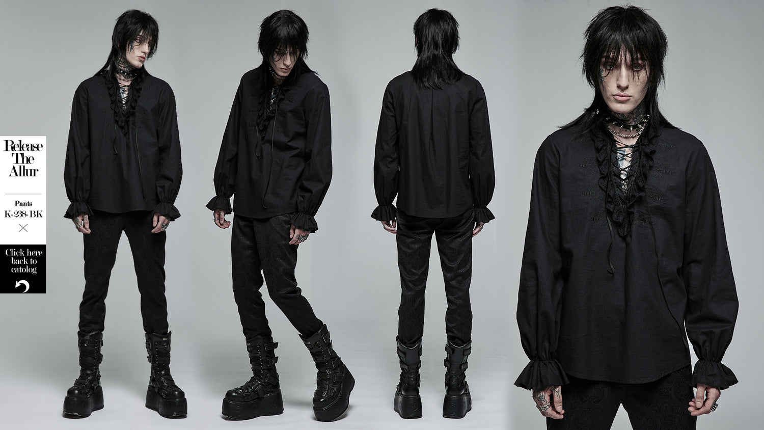 Original Design Goth Skeleton Embroidered Ruffles Shirt (Black) (✦ Punk Rave) WY-1367XCM-BLK