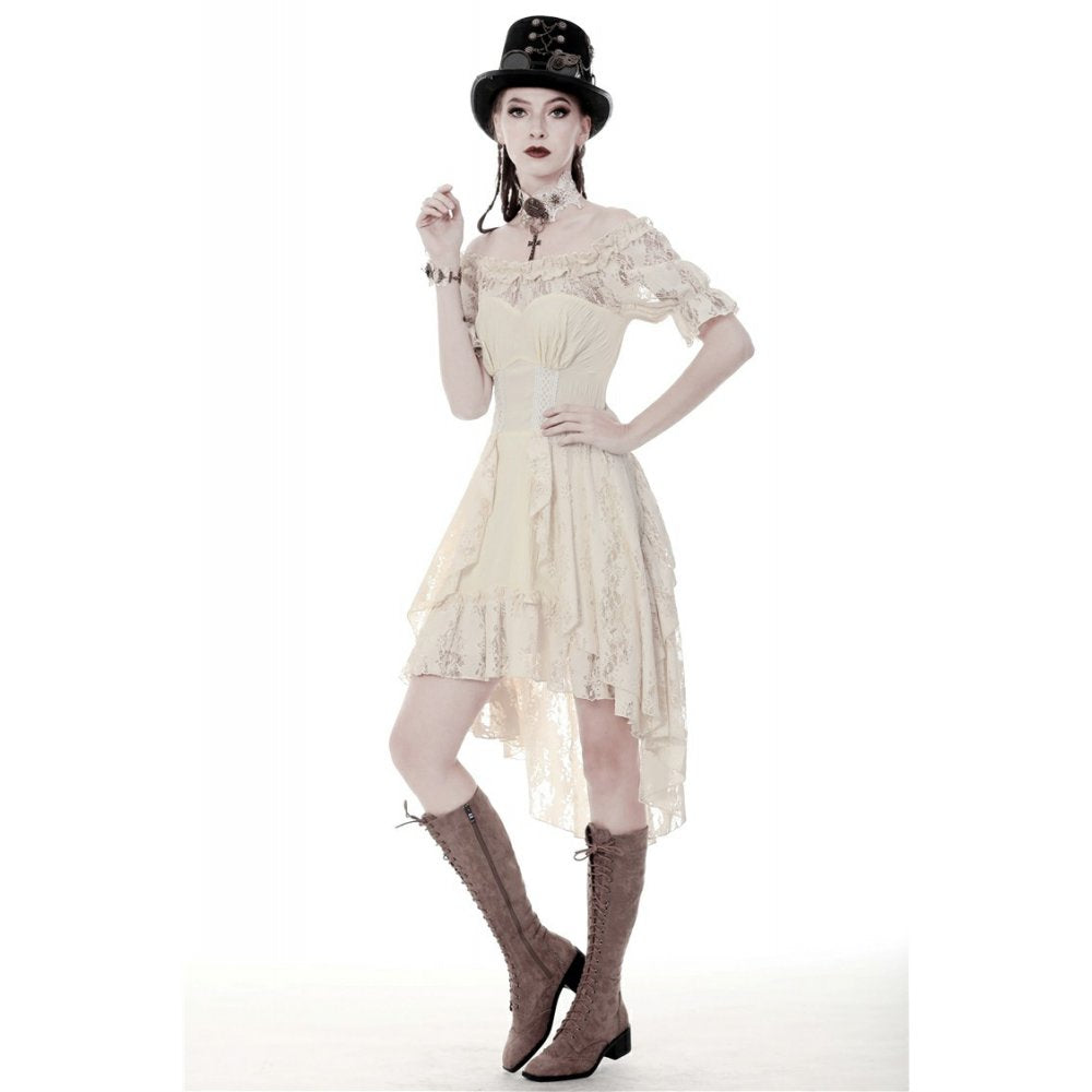 Steampunk beige cocktail short sleeves dress (✦ Dark In Love) DW358