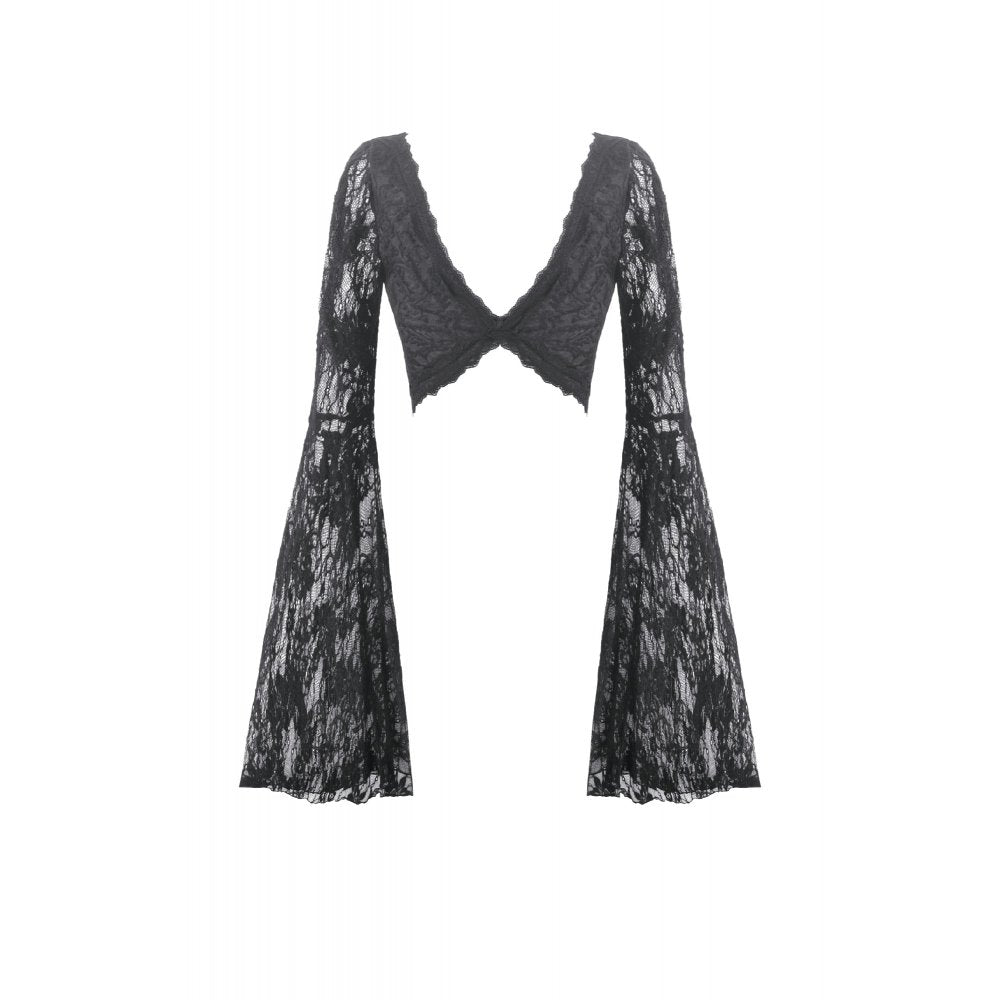 Gothic Dark Heart-Neck All-Over Lace Bell-Sleeve Slim Top (✦ Dark In Love) TW689