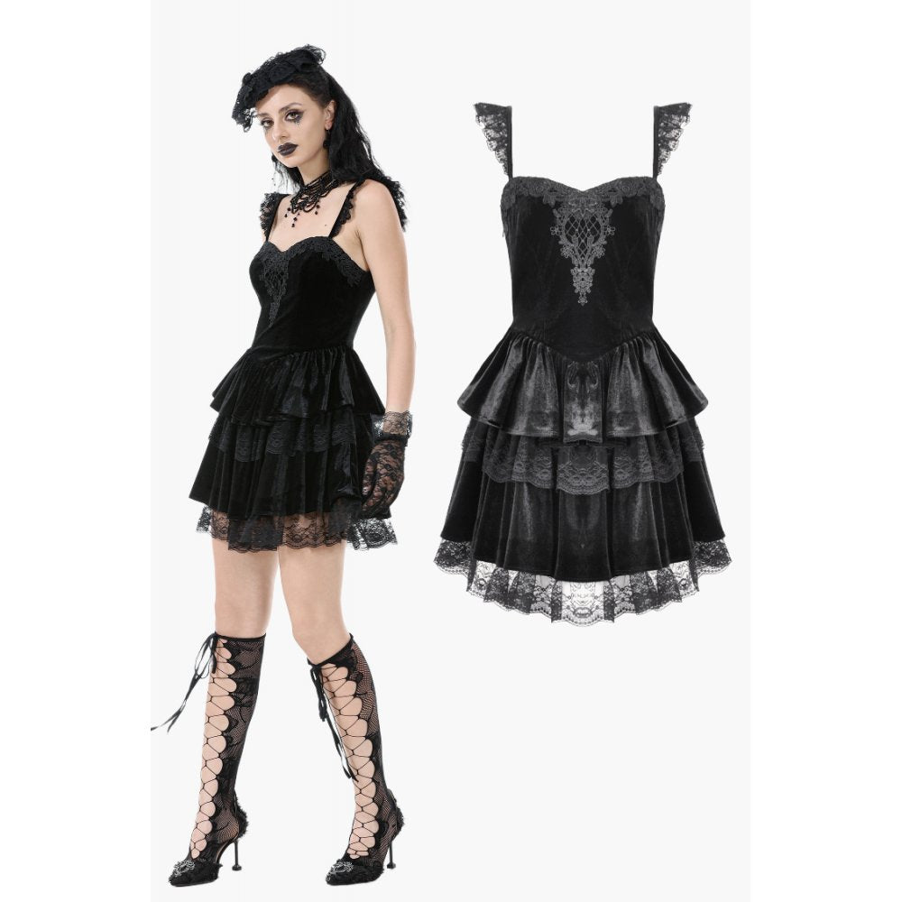 Gothic Midnight Velvet Dress with Lace Petal Sleeves and Layered Ruffle Skirt (✦ Dark In Love)