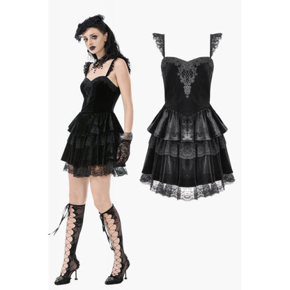 Gothic Midnight Velvet Dress with Lace Petal Sleeves and Layered Ruffle Skirt (✦ Dark In Love)