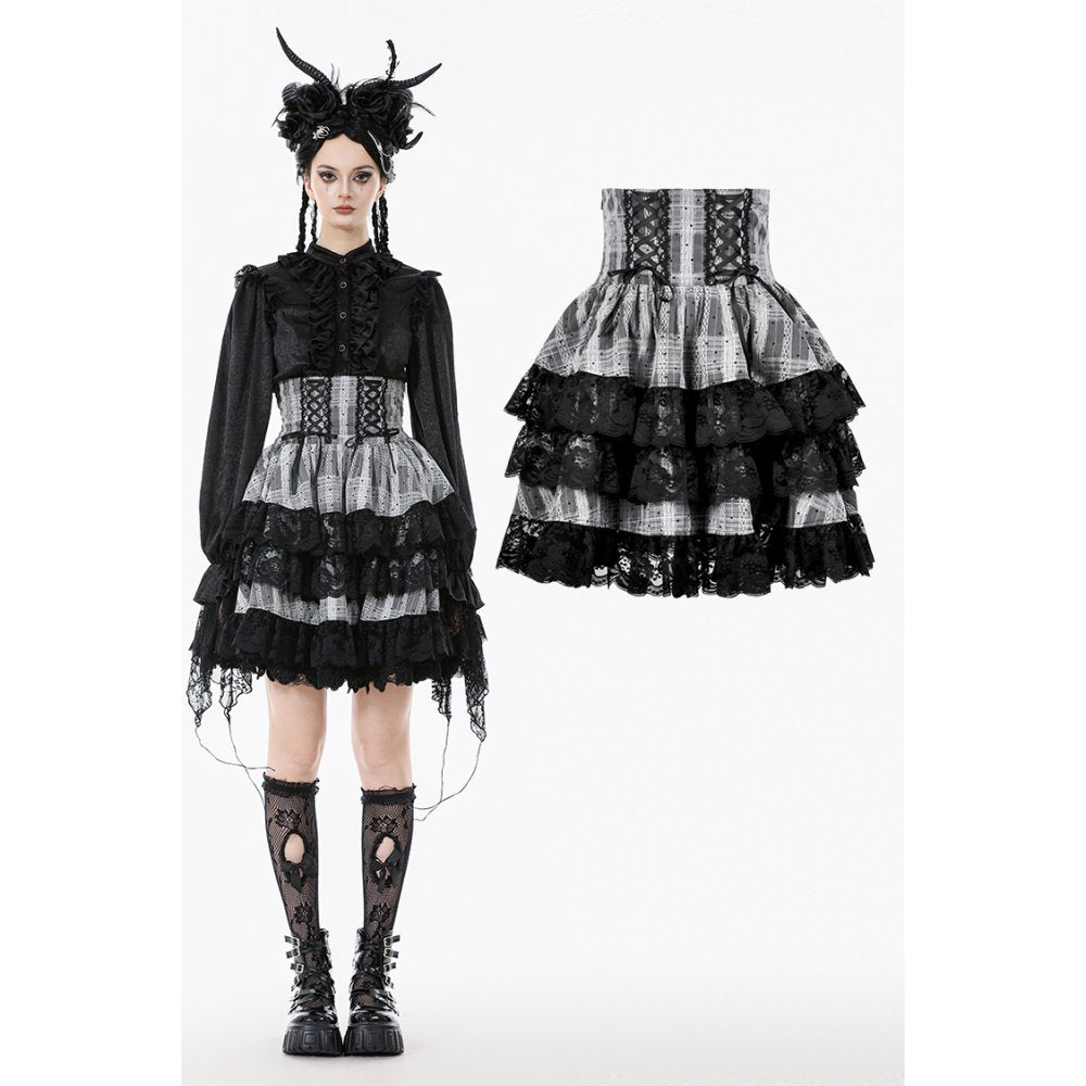 Cute Black and Grey Lolita High-Waist Tiered Skirt (✦ Dark In Love) KW414
