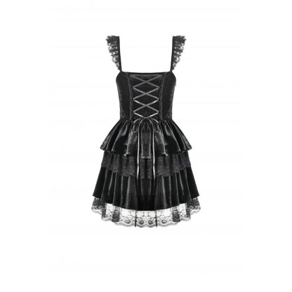 Gothic Midnight Velvet Dress with Lace Petal Sleeves and Layered Ruffle Skirt (✦ Dark In Love)