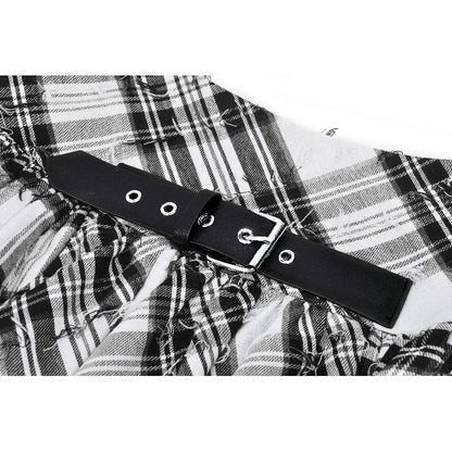 Punk Black and White Checkered Asymmetrical Messy Net Skirt (✦ Dark In Love)