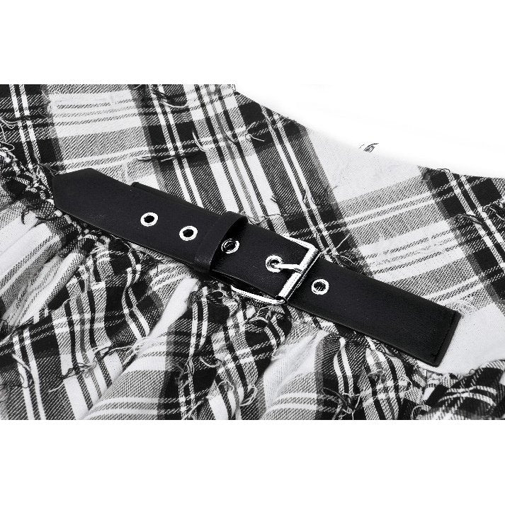 Punk Black and White Checkered Asymmetrical Messy Net Skirt (✦ Dark In Love)