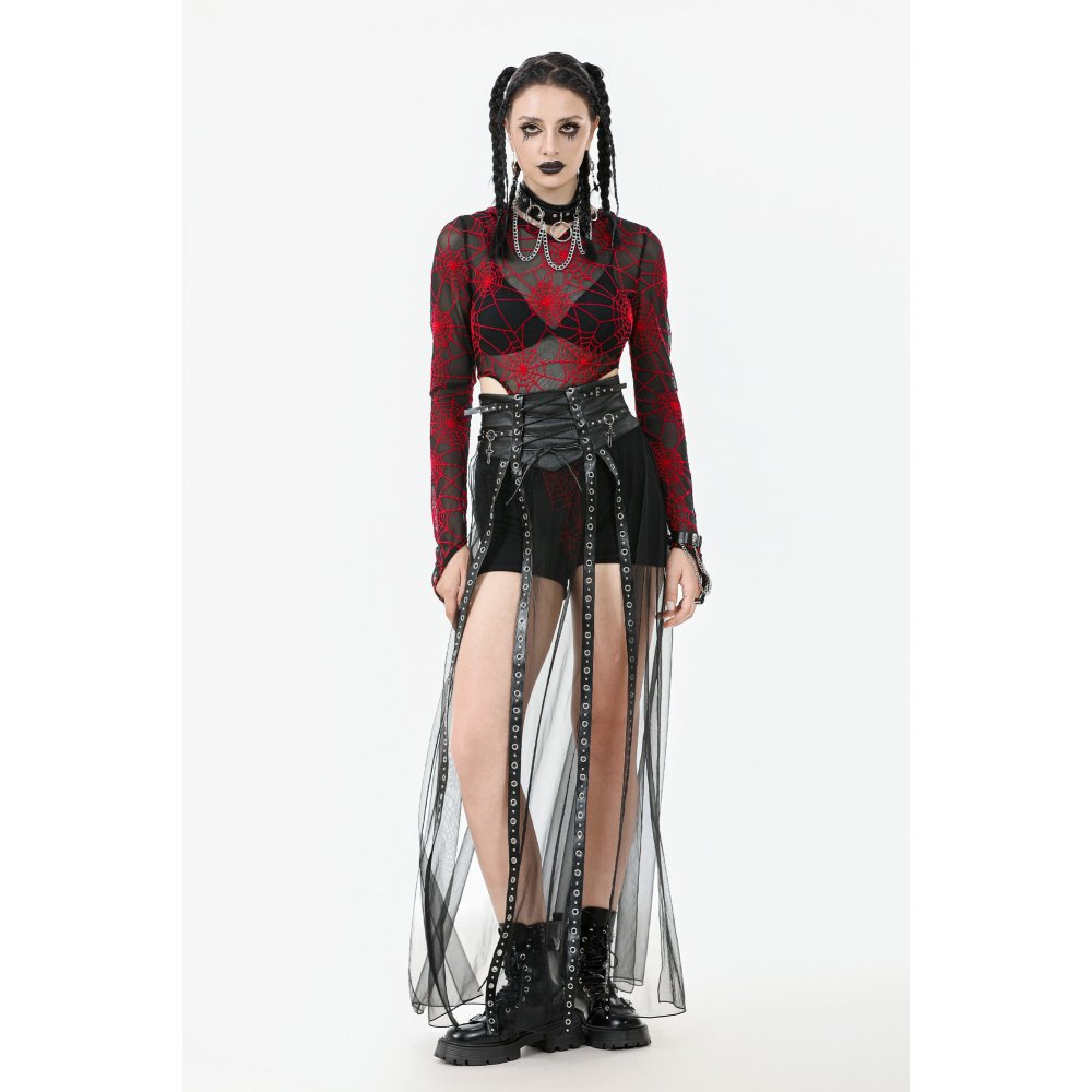 Rebel Leather and Mesh Maxi Skirt with Lace-Up Waist and Eyelet Detail (✦ Dark In Love) KW403