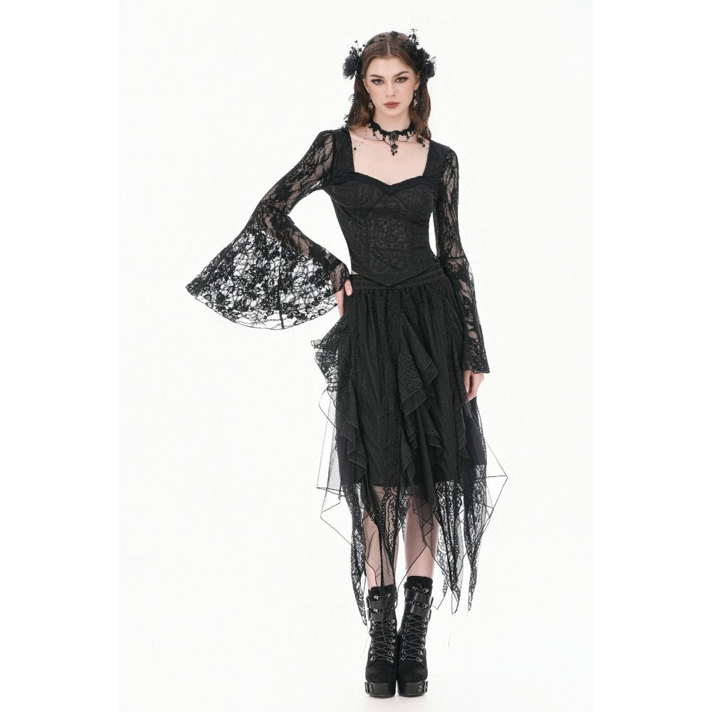 Gothic Dark Heart-Neck All-Over Lace Bell-Sleeve Slim Top (✦ Dark In Love) TW689