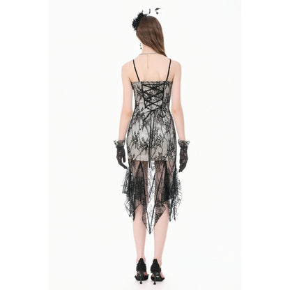 Gothic Two-Tone Lace Patchwork Dress with Floral Embroidery and Asymmetric Hem (✦ Dark In Love) DW1190