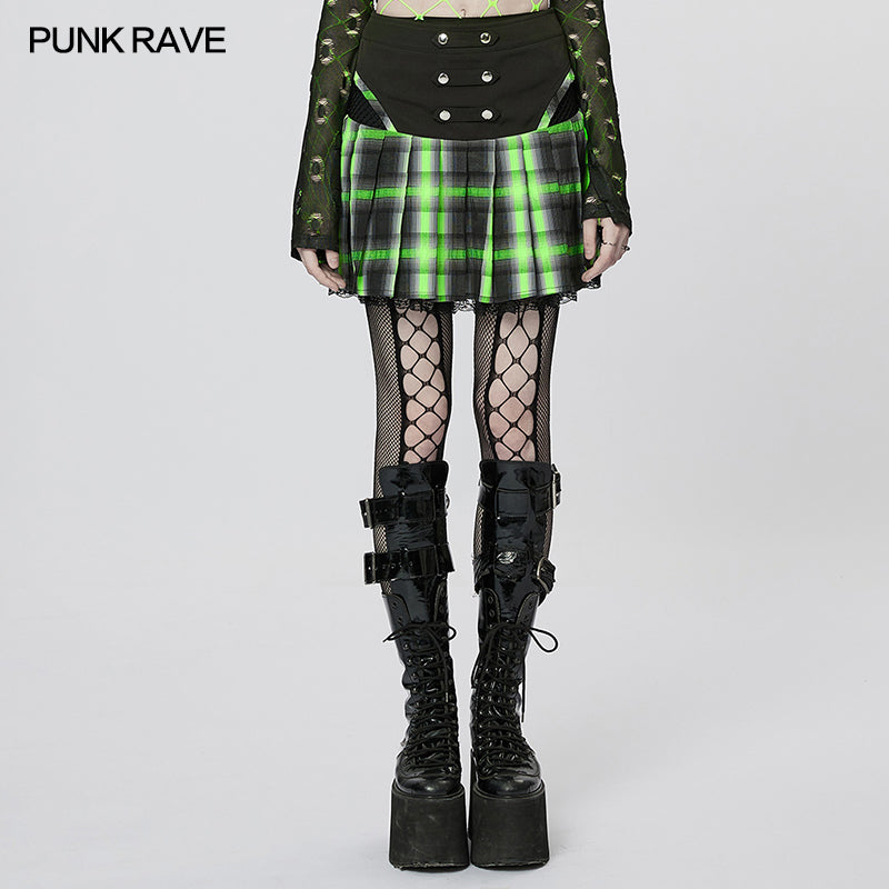Punk Sweet Cool Girl School Style Sexy Lace Pleated Plaid Mini Skirt WQ-612BQF (✦ Punk Rave)