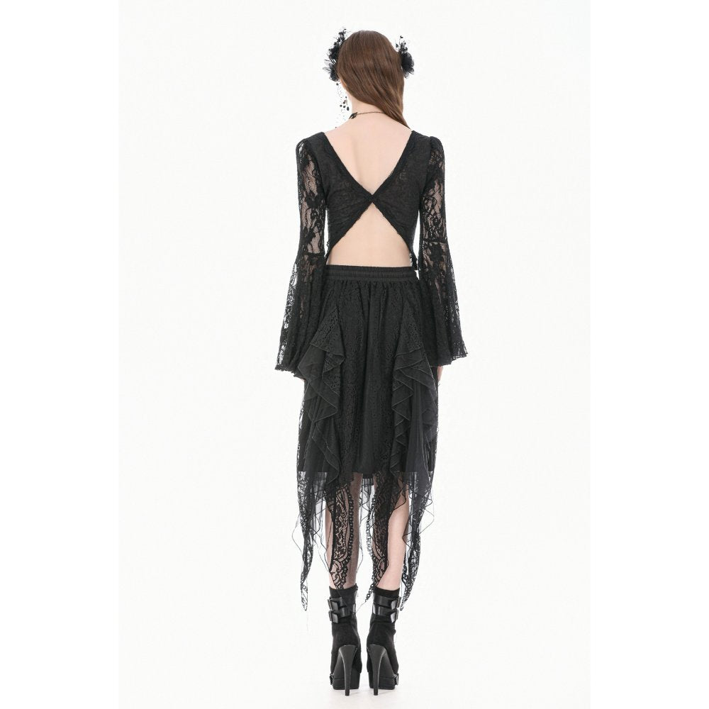 Gothic Dark Heart-Neck All-Over Lace Bell-Sleeve Slim Top (✦ Dark In Love) TW689