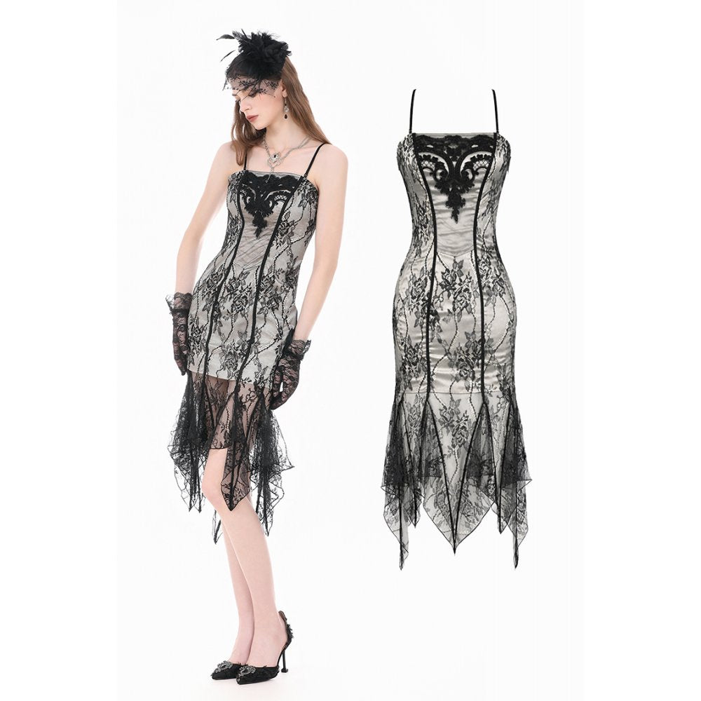 Gothic Two-Tone Lace Patchwork Dress with Floral Embroidery and Asymmetric Hem (✦ Dark In Love) DW1190