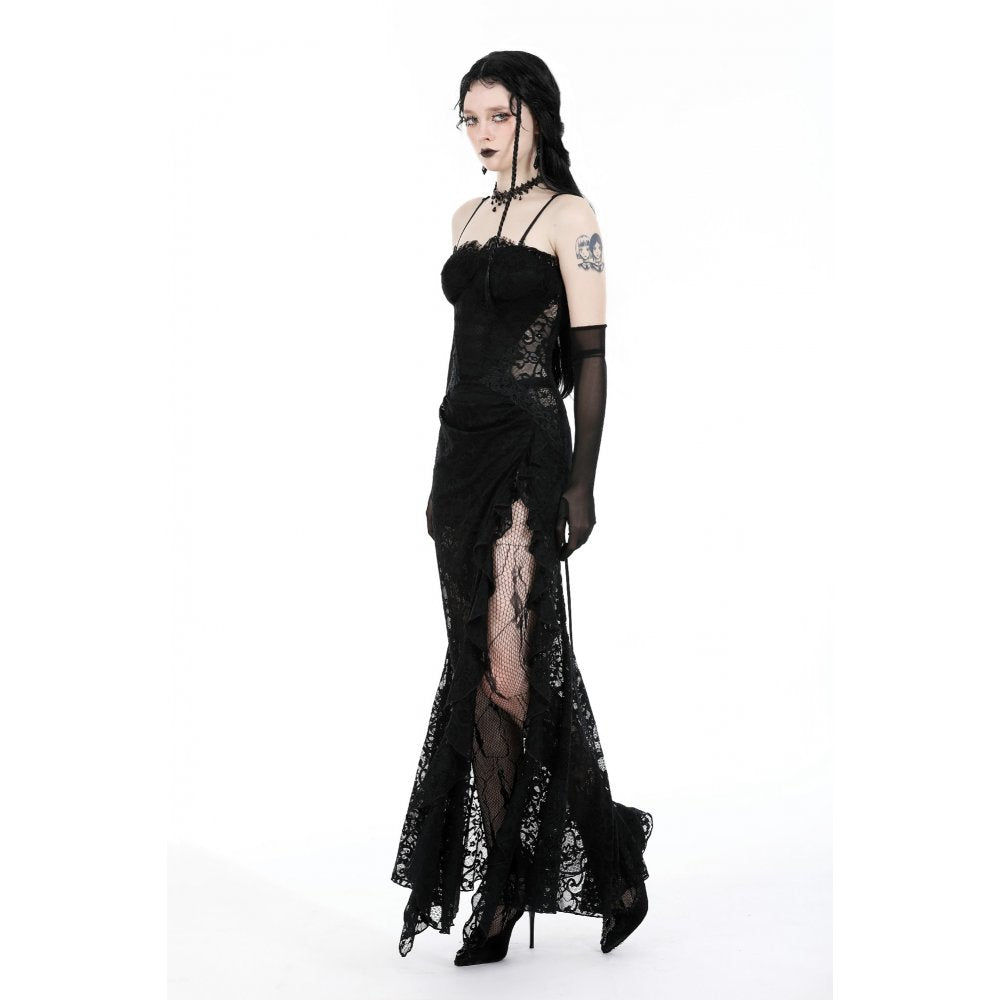 Gothic lace see-through sexy waist lace maxi strap dress (✦ Dark In Love) DW935