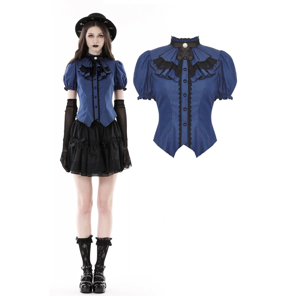 Blue black strip frilly collar blouse (✦ Dark In Love) IW101