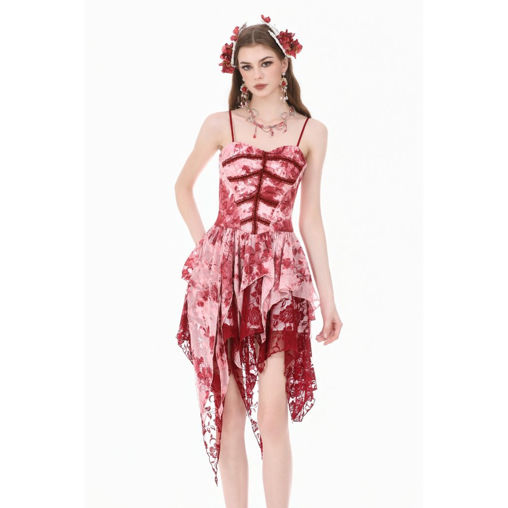 Gothic Asymmetric Dress in Red-White Tie-Dye Chiffon (✦ Dark In Love) DW1182
