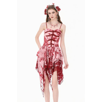 Gothic Asymmetric Dress in Red-White Tie-Dye Chiffon (✦ Dark In Love) DW1182