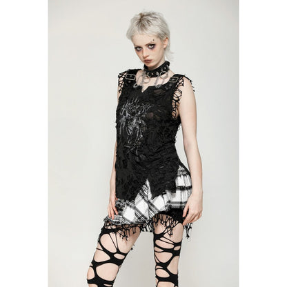 Punk Black and White Checkered Asymmetrical Messy Net Skirt (✦ Dark In Love)