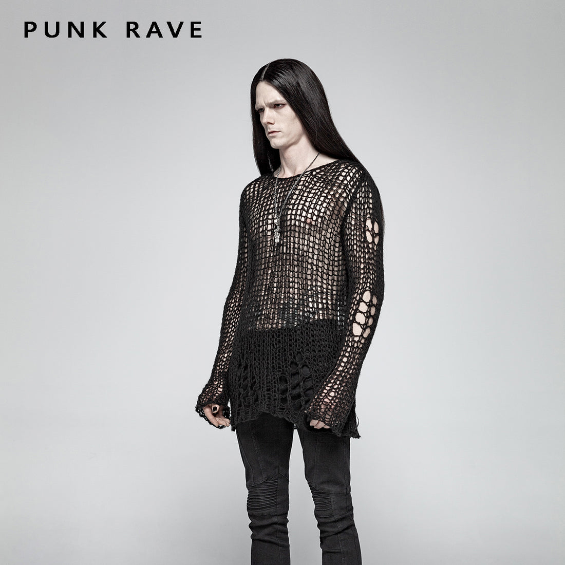 Broken pullover summer men sweater OPM-004 (Black) (✦ Punk Rave)