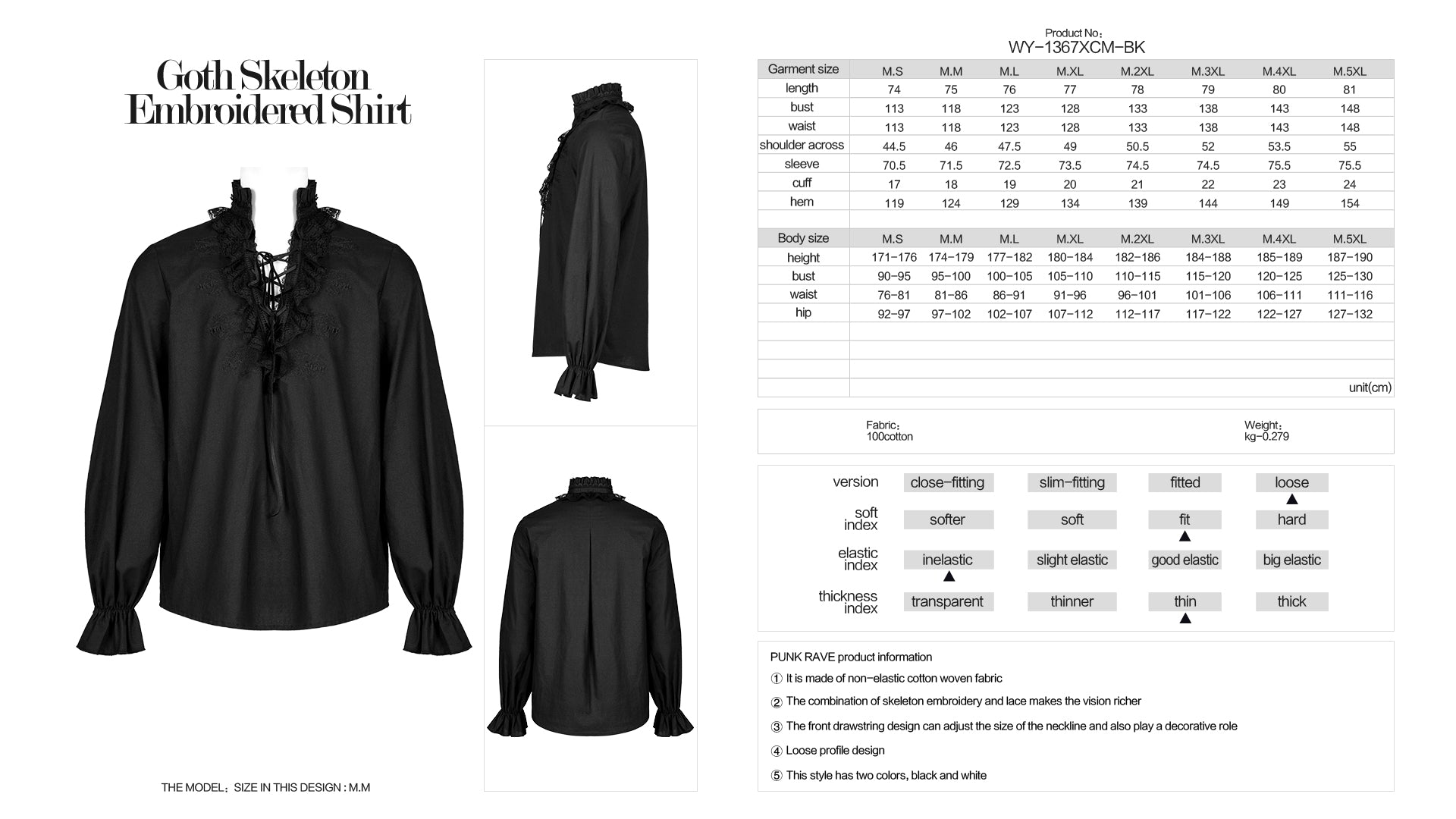 Original Design Goth Skeleton Embroidered Ruffles Shirt (Black) (✦ Punk Rave) WY-1367XCM-BLK