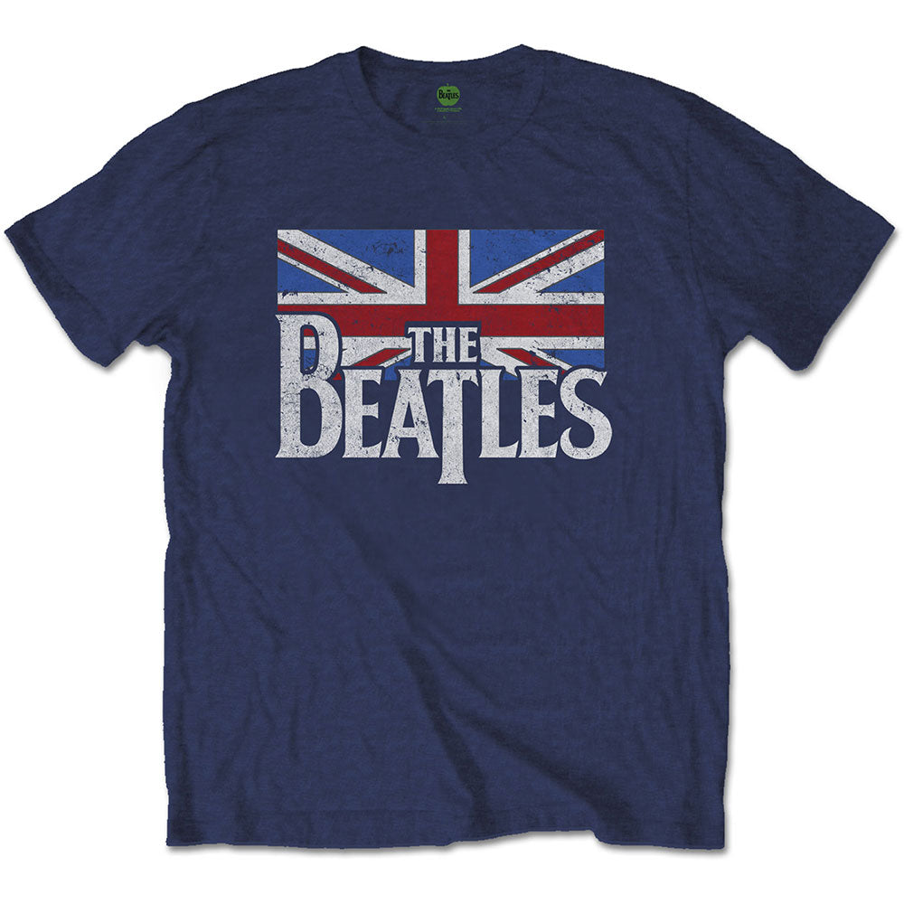 The Beatles Unisex T-Shirt: Drop T Logo &amp; Vintage Flag (Navy Blue)