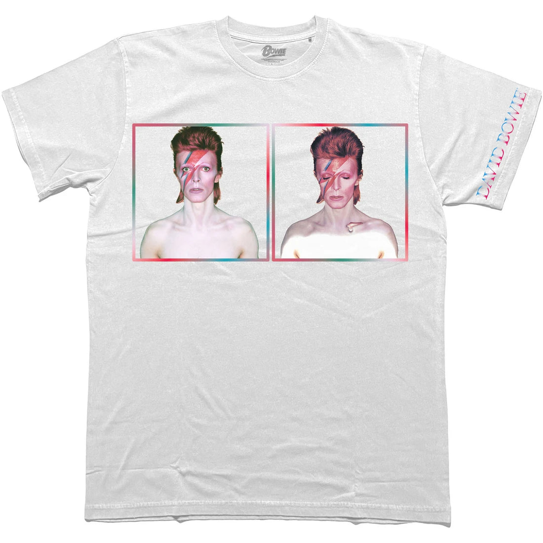 David Bowie Unisex T-Shirt: Aladdin Sane Photos (White) (Back &amp; Sleeve Print)