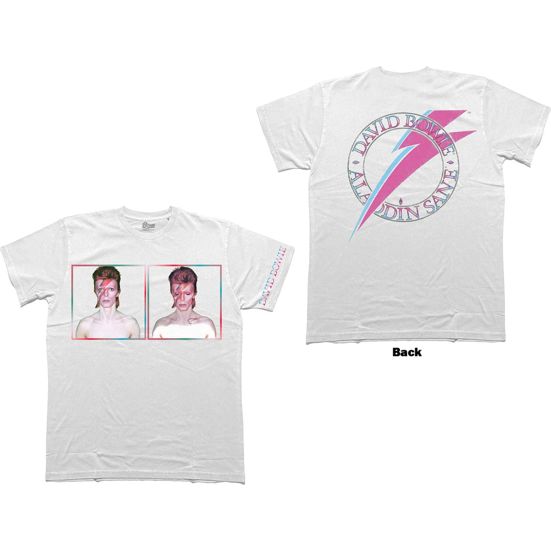David Bowie Unisex T-Shirt: Aladdin Sane Photos (White) (Back &amp; Sleeve Print)