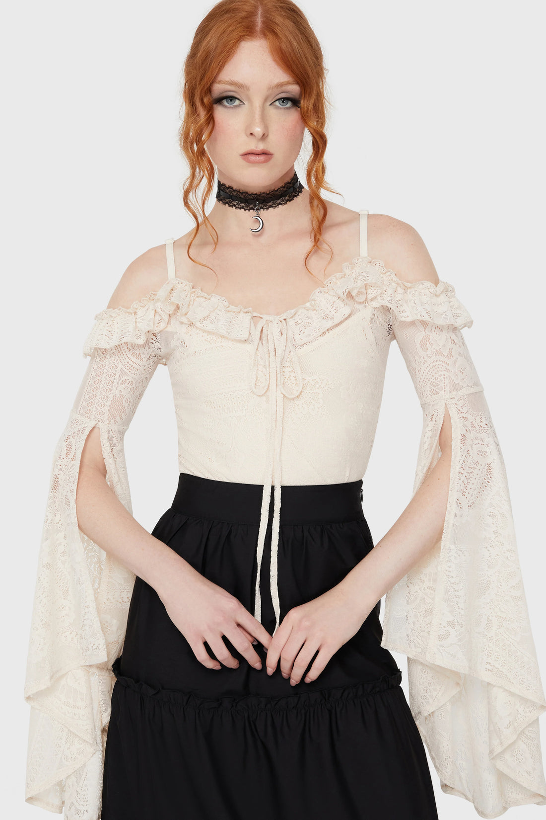 Breathless Lace Bardot Top (Black or Ivory) (✦ Killstar)