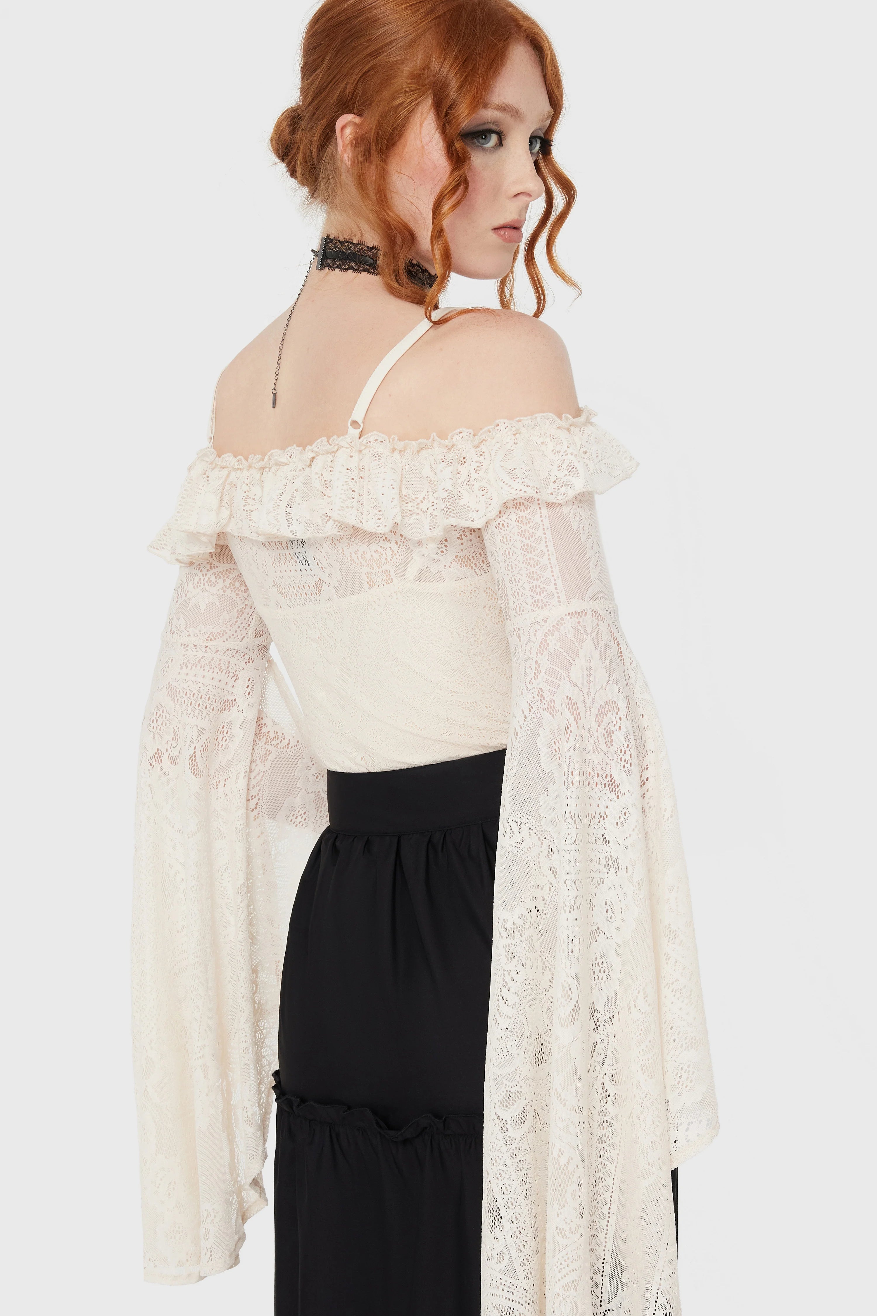 Breathless Lace Bardot Top (Black or Ivory) (✦ Killstar)