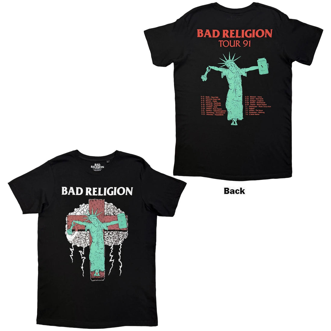 Bad Religion Unisex T-Shirt: Liberty Tour 91 (Black) (Back Print)