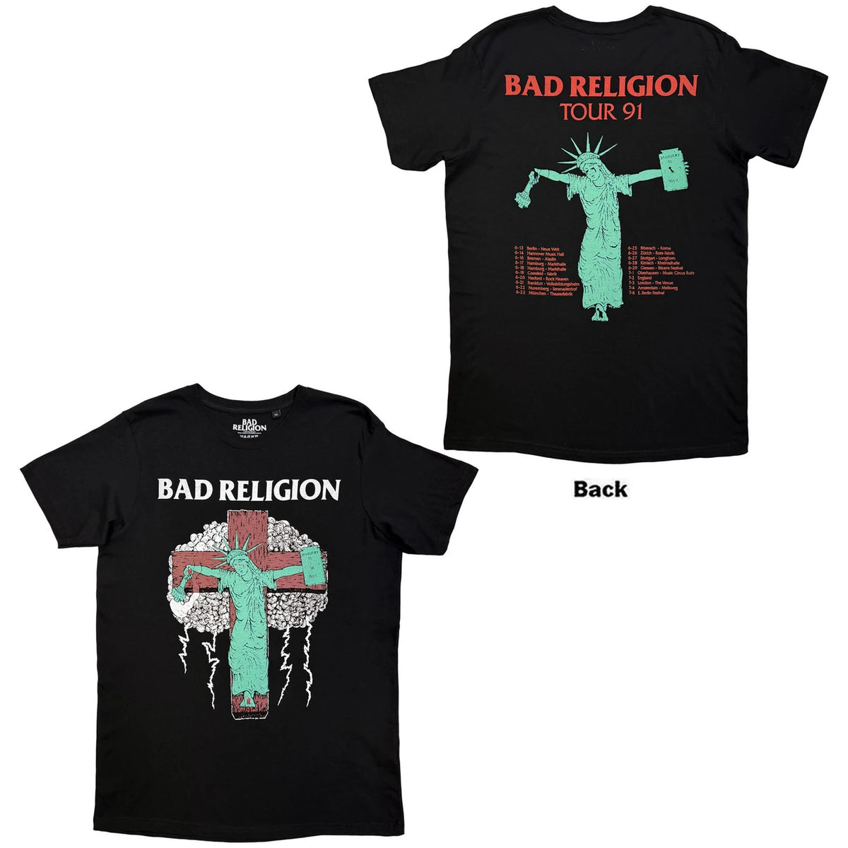 Bad Religion Unisex T-Shirt: Liberty Tour 91 (Black) (Back Print)